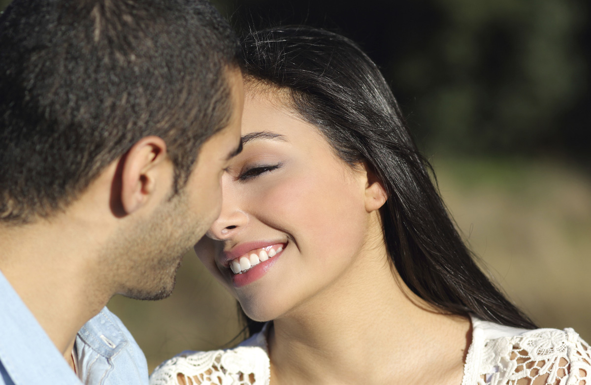 Arab casual couple flirting ready to kiss with love